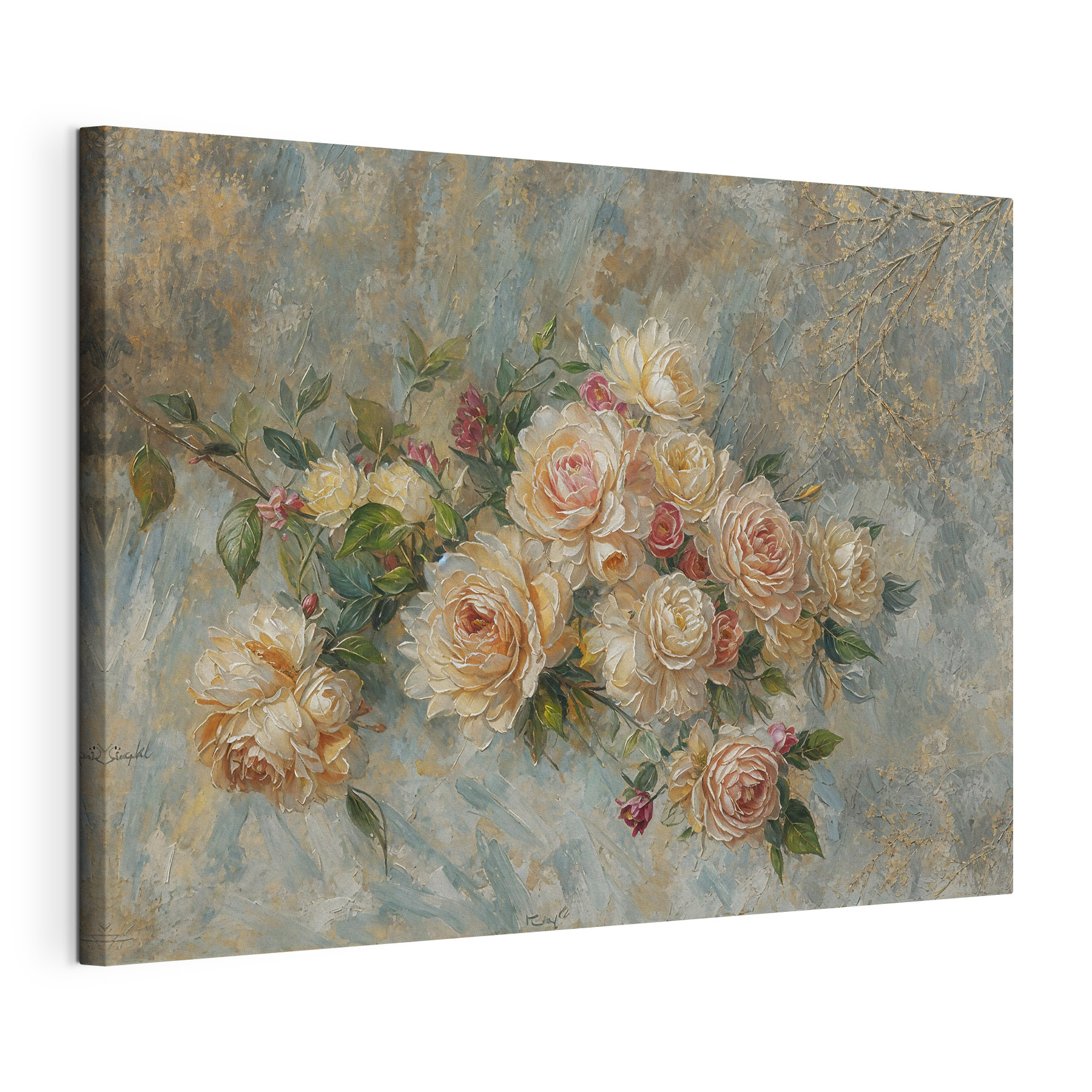 A painting of flowers on a blue background