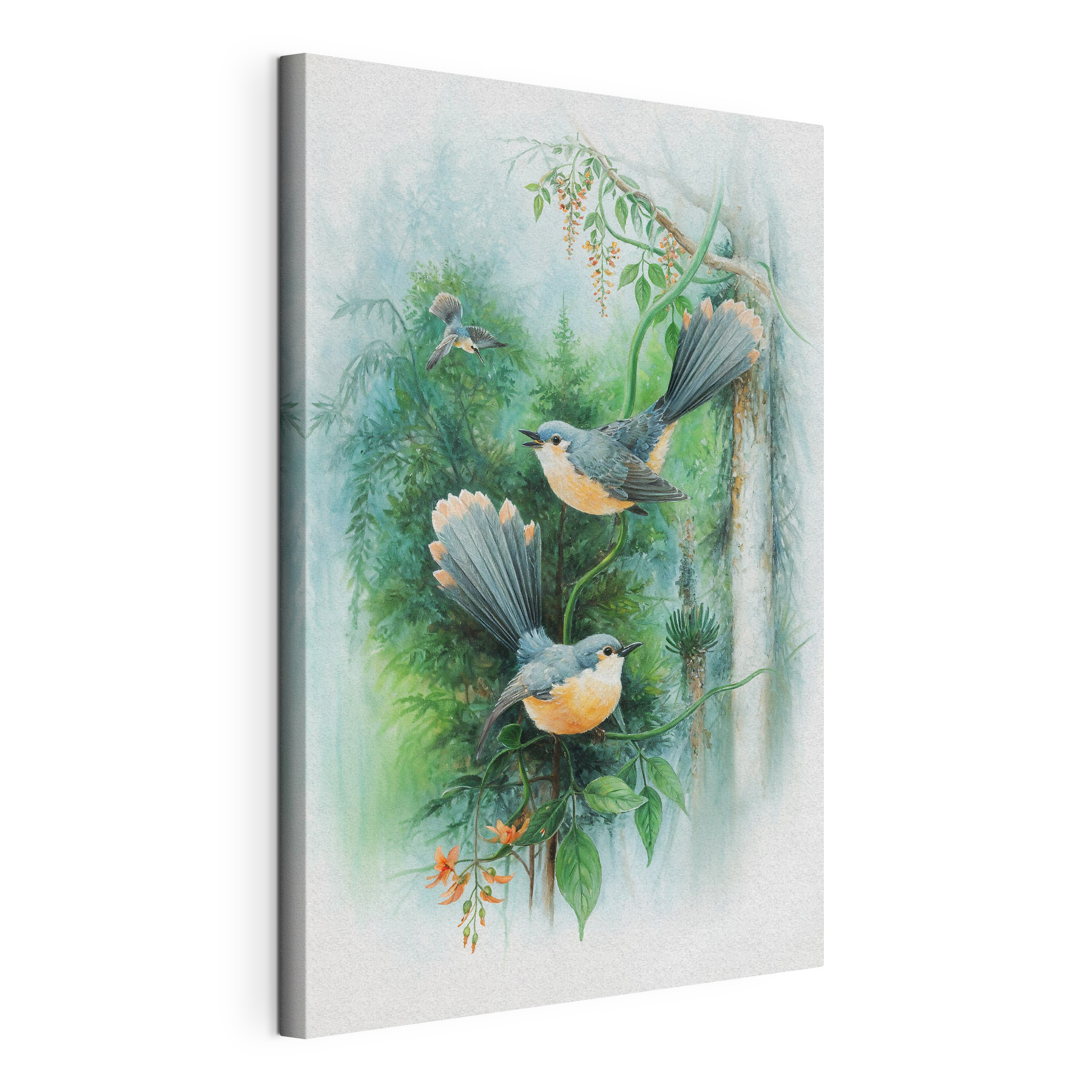 A painting of birds on a tree branch A painting of birds on a tree branch