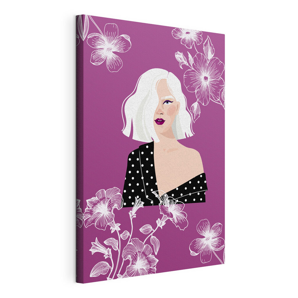 A woman with white hair and polka dot shirt A woman with white hair and polka dot shirt