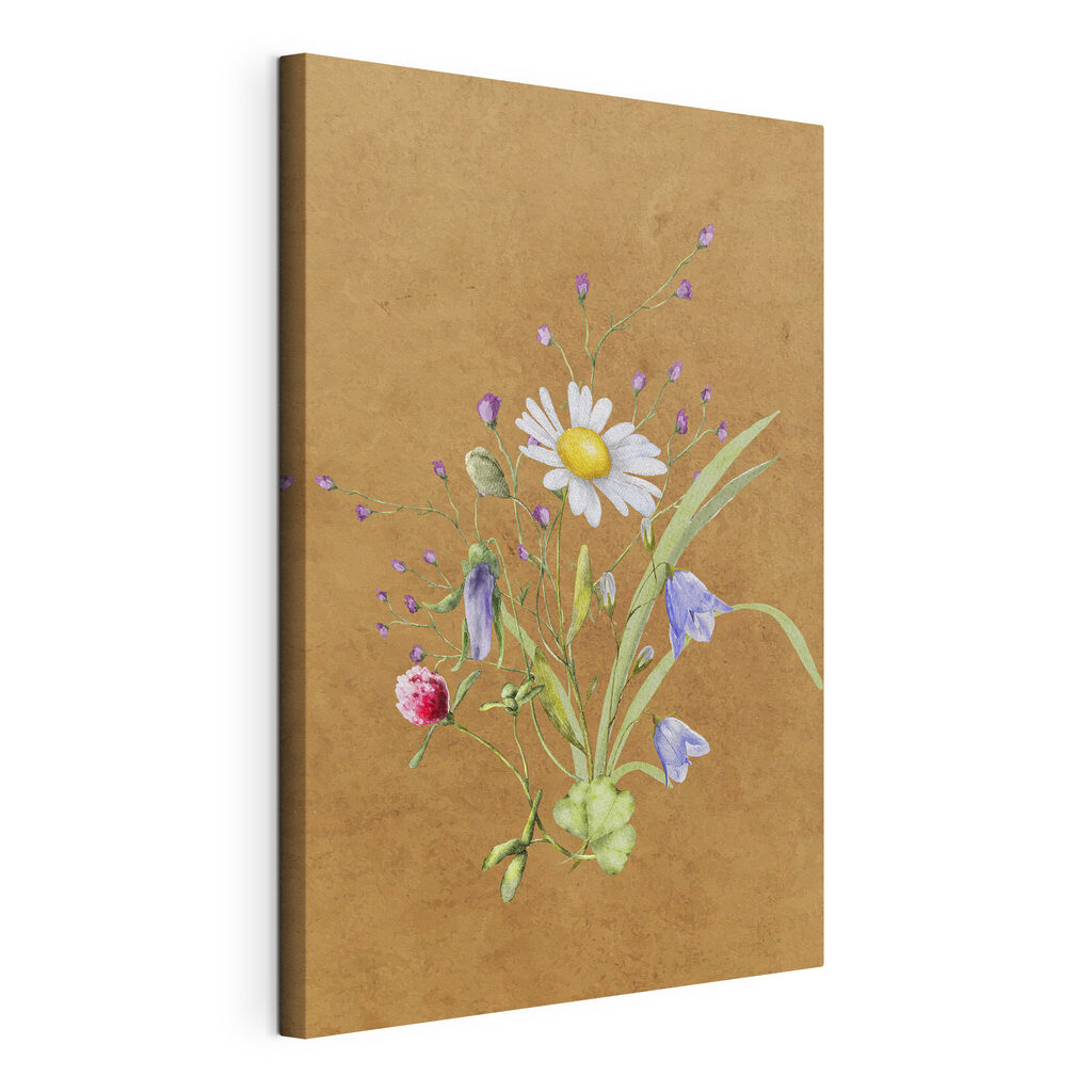 A painting of flowers on a brown surface