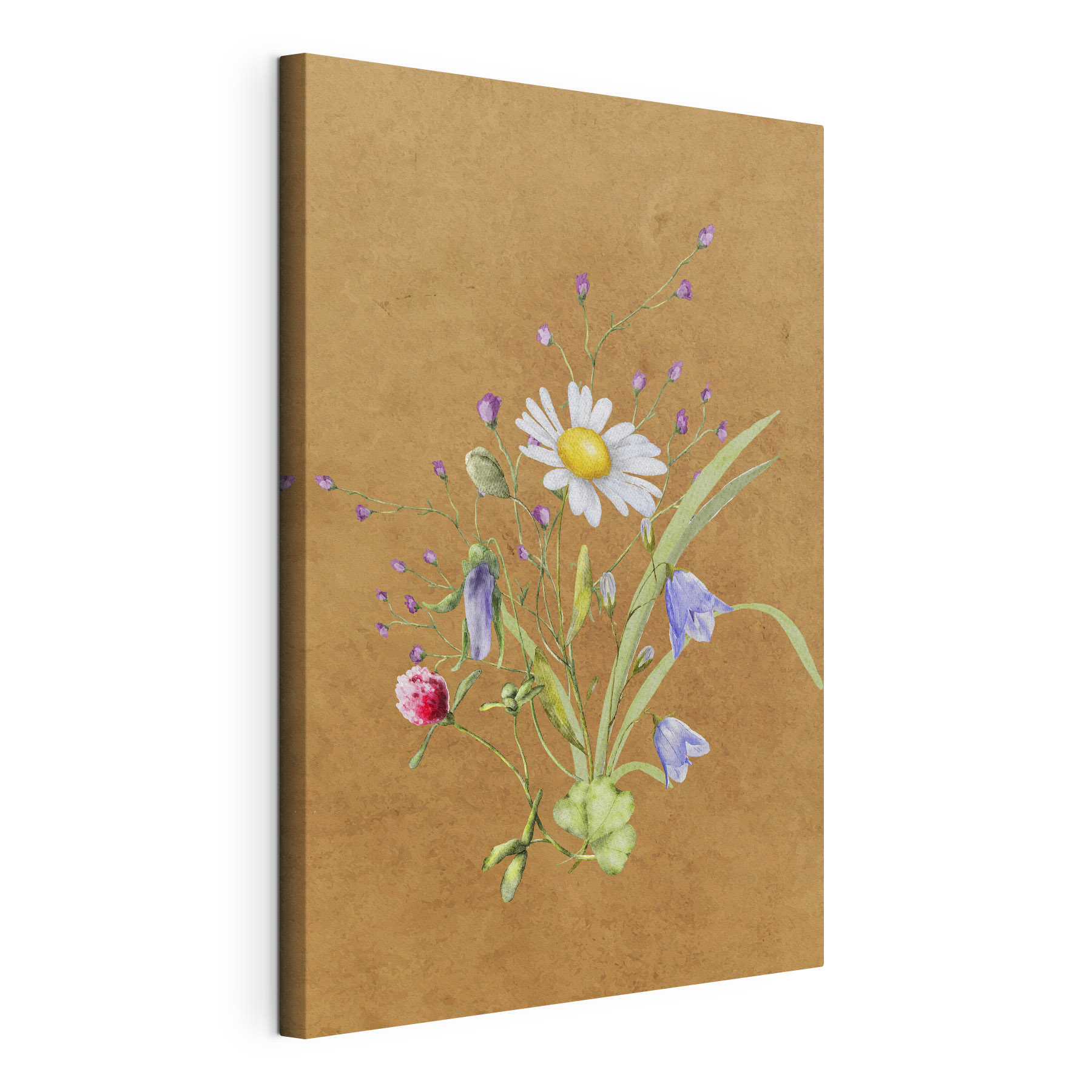 A painting of flowers on a brown surface