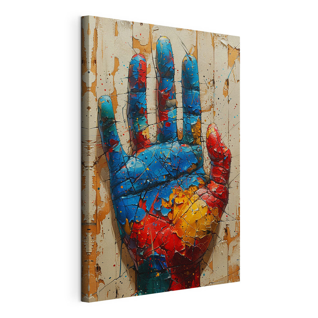 A cracked painted hand on a wood surface A cracked painted hand on a wood surface