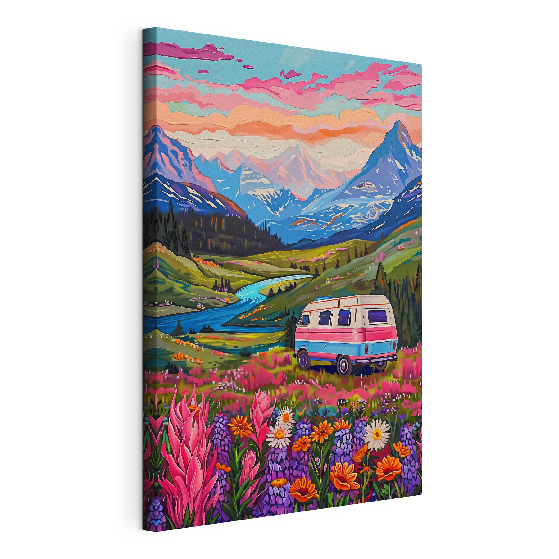 A van driving through a valley with flowers and mountains