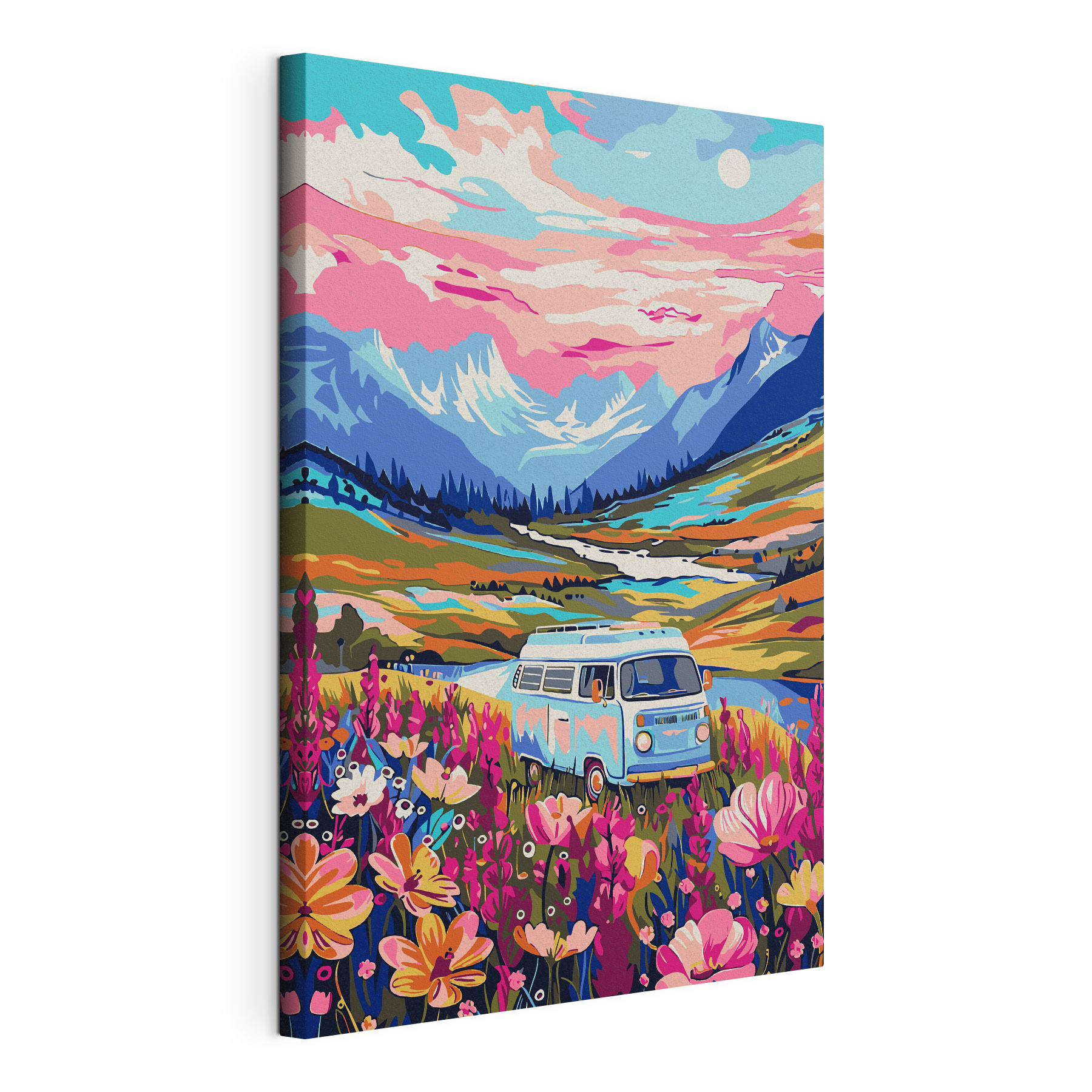 A van driving through a field of flowers A van driving through a field of flowers