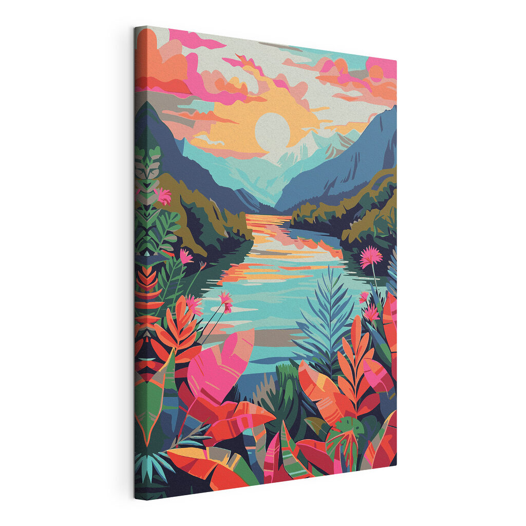 A river with flowers and mountains in the background
