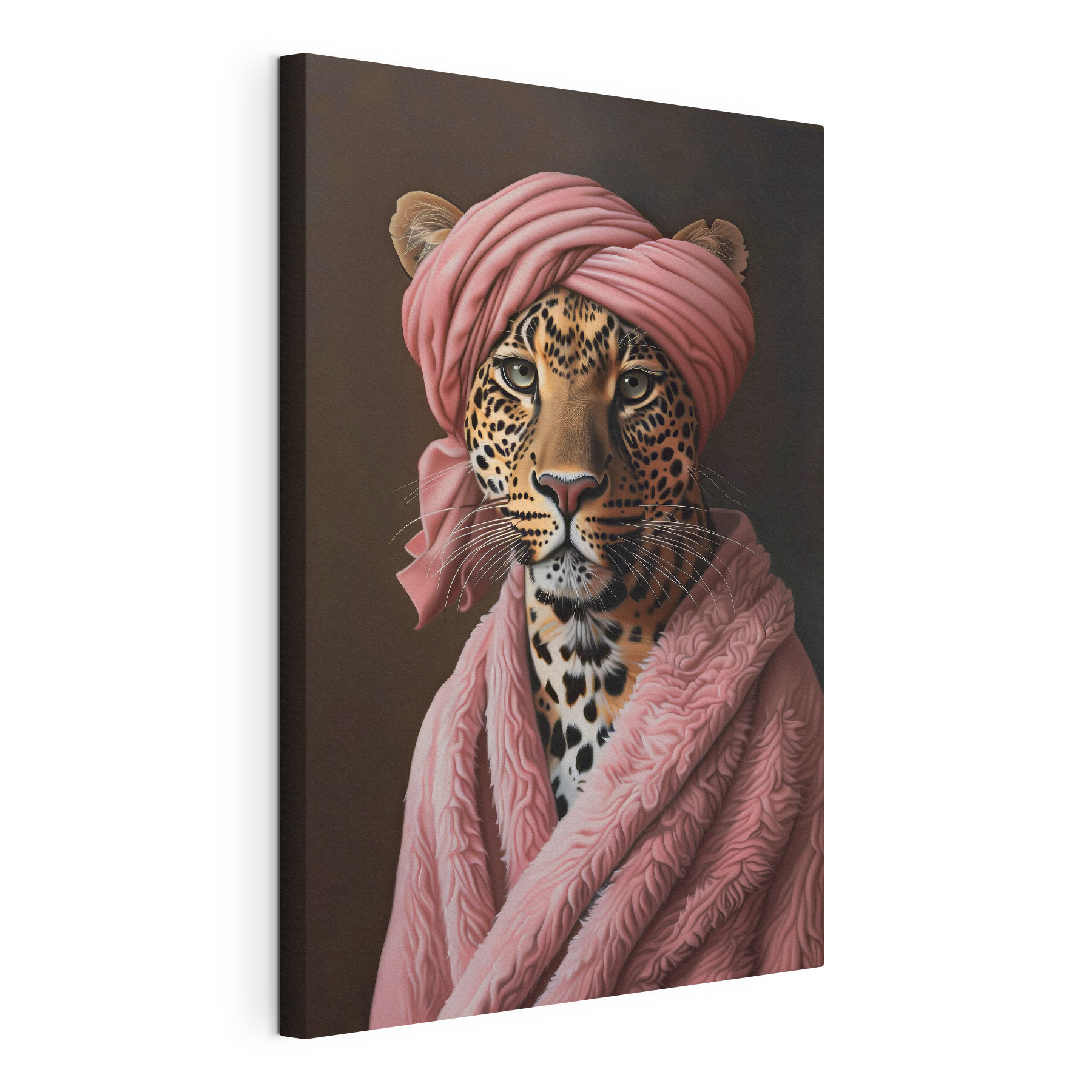 A leopard wearing a pink robe and a pink turban A leopard wearing a pink robe and a pink turban