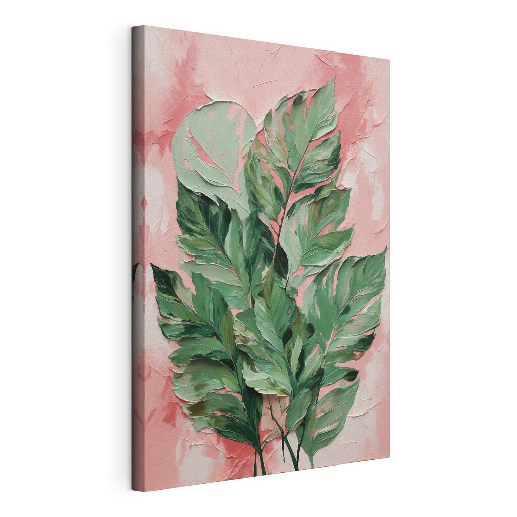 A painting of leaves on a pink background A painting of leaves on a pink background
