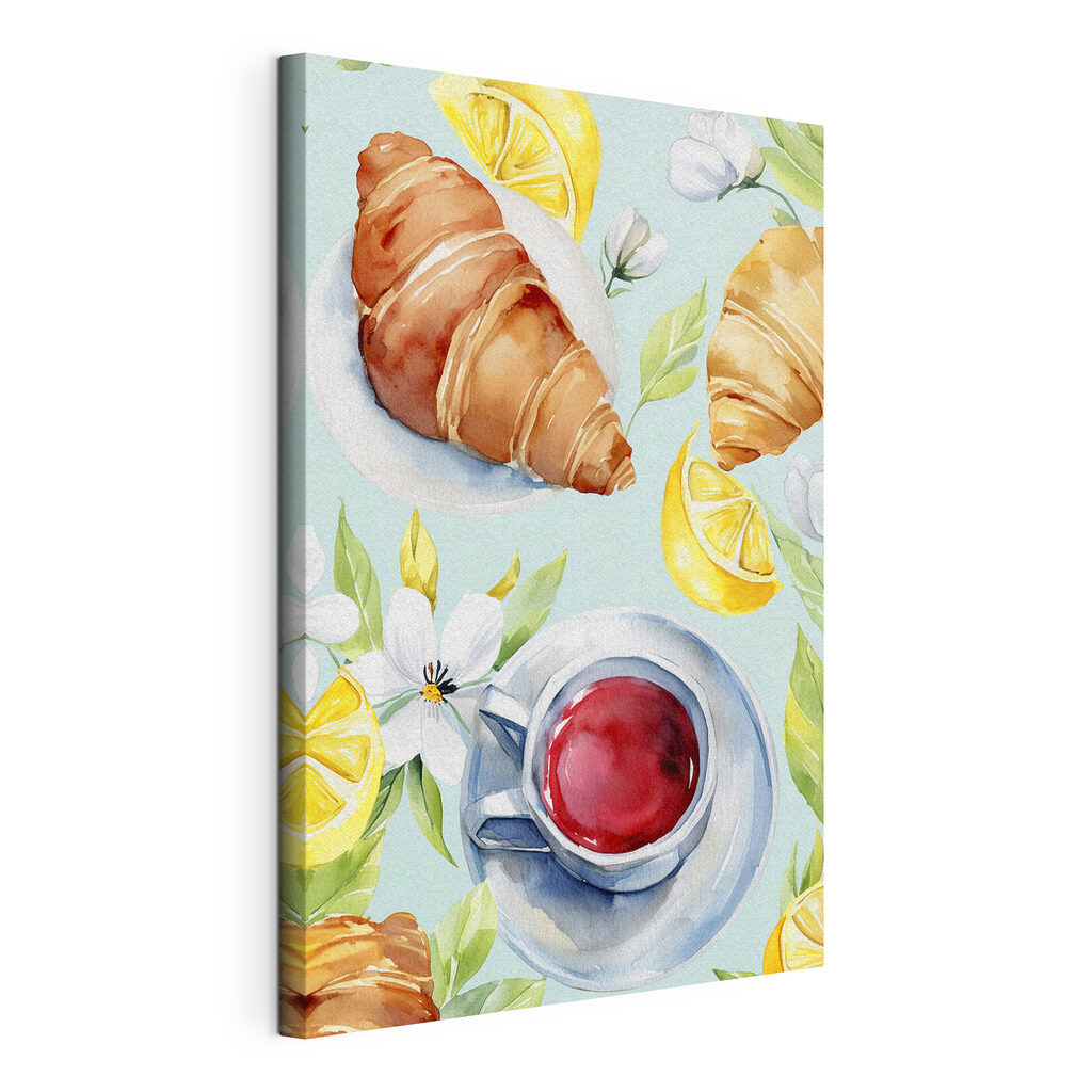A watercolor of a croissant and a cup of tea A watercolor of a croissant and a cup of tea