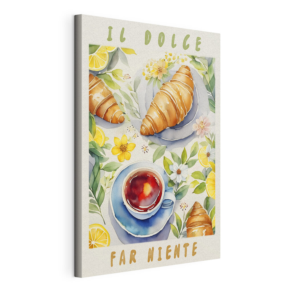 A watercolor painting of food and a cup of tea A watercolor painting of food and a cup of tea