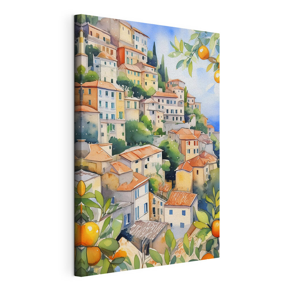 Watercolor painting of a city with oranges Watercolor painting of a city with oranges