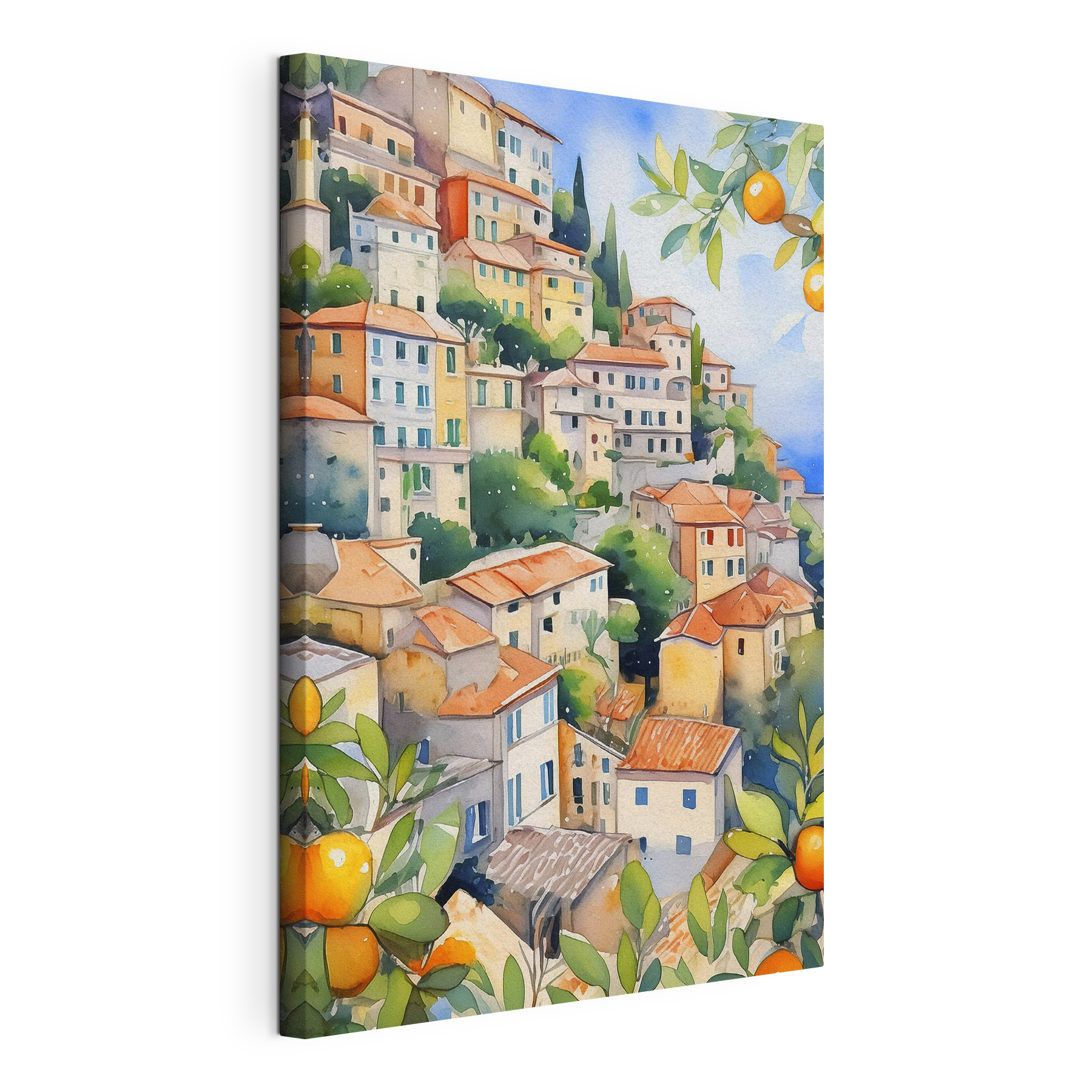 Watercolor painting of a city with oranges Watercolor painting of a city with oranges