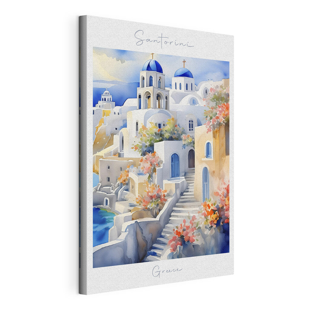 A watercolor painting of a white building with blue domes A watercolor painting of a white building with blue domes