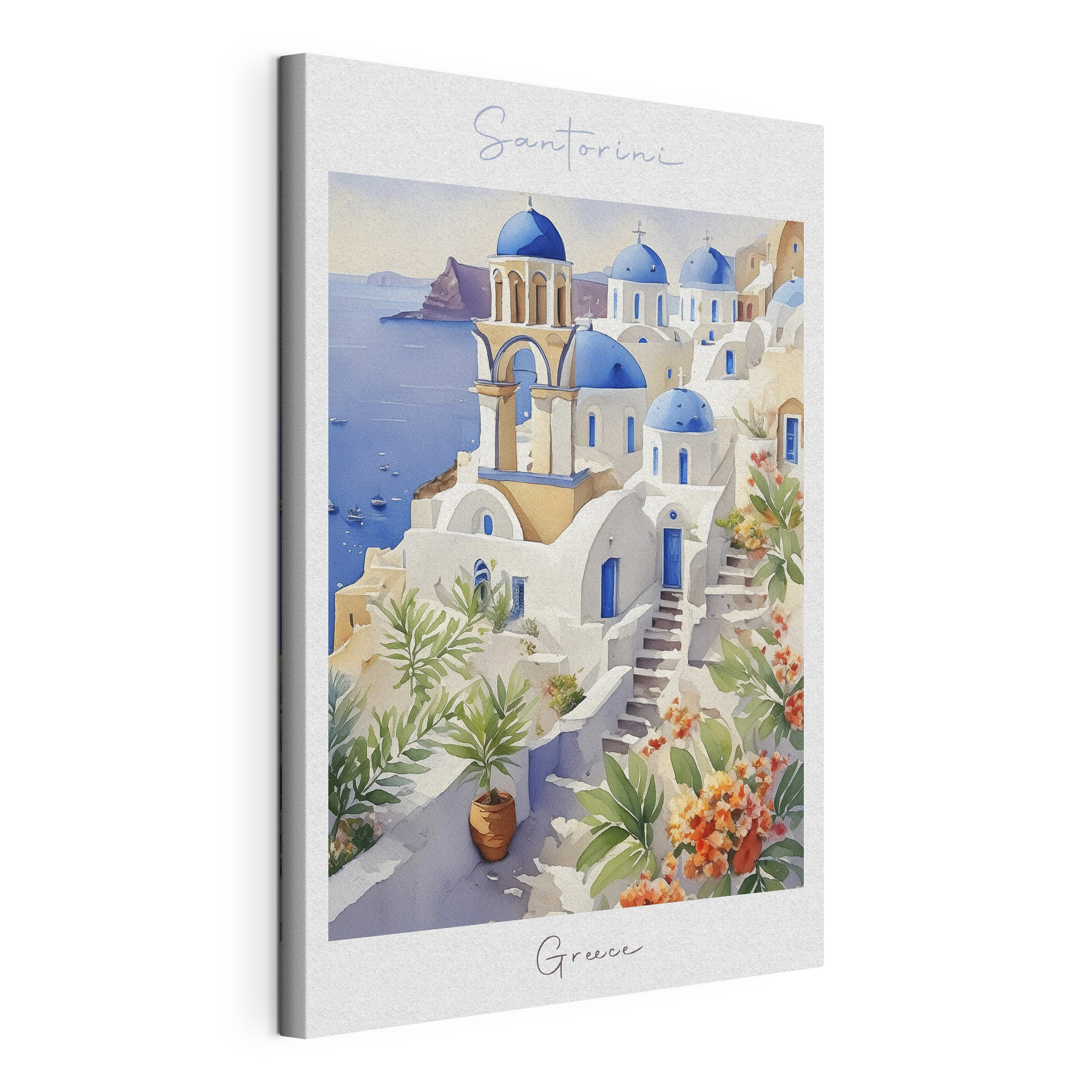 A painting of a white building with blue domes A painting of a white building with blue domes