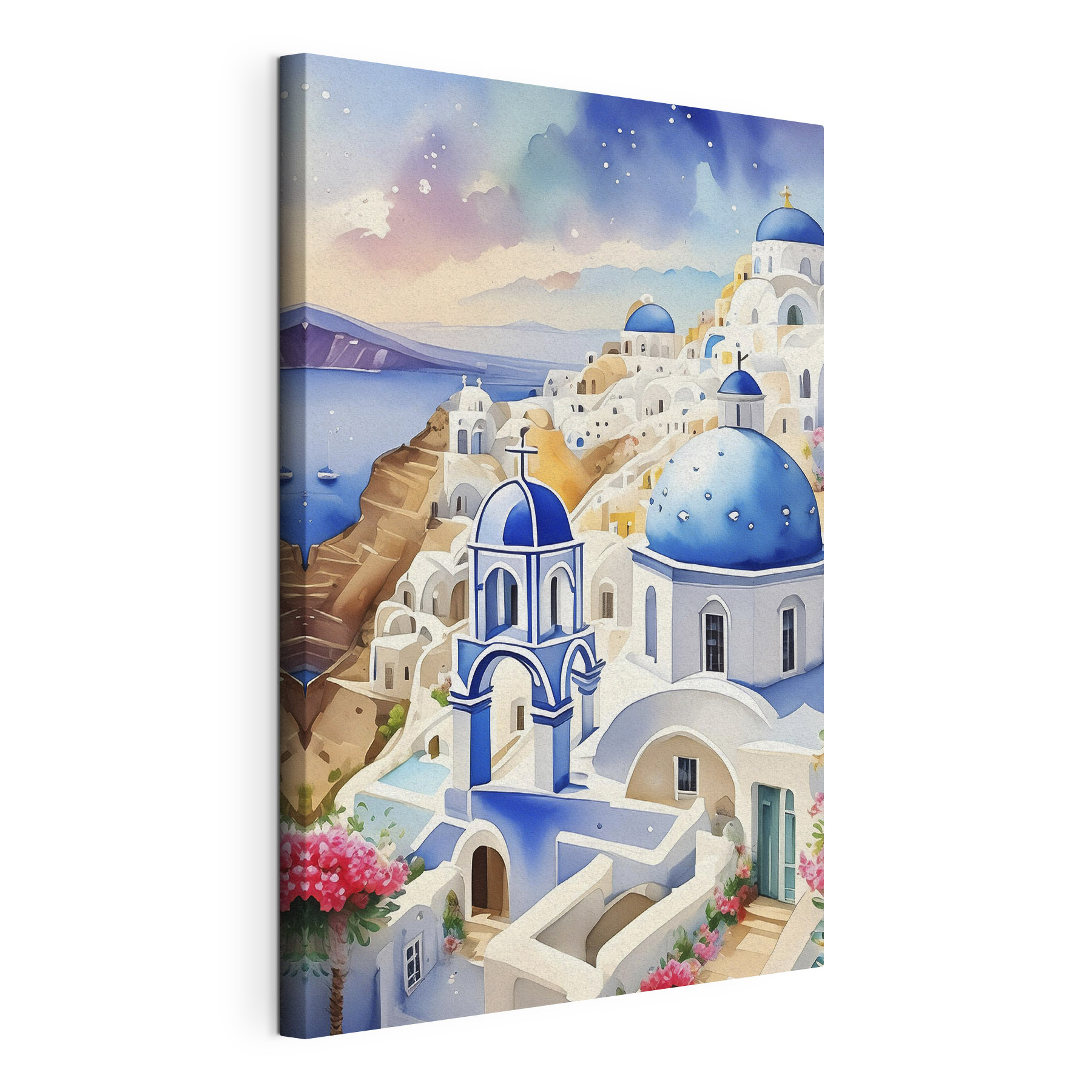 A painting of a town with blue domes A painting of a town with blue domes