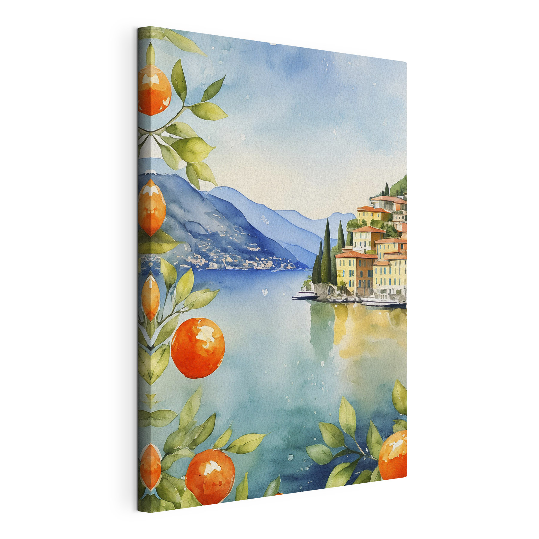 Watercolor of a town next to a body of water Watercolor of a town next to a body of water