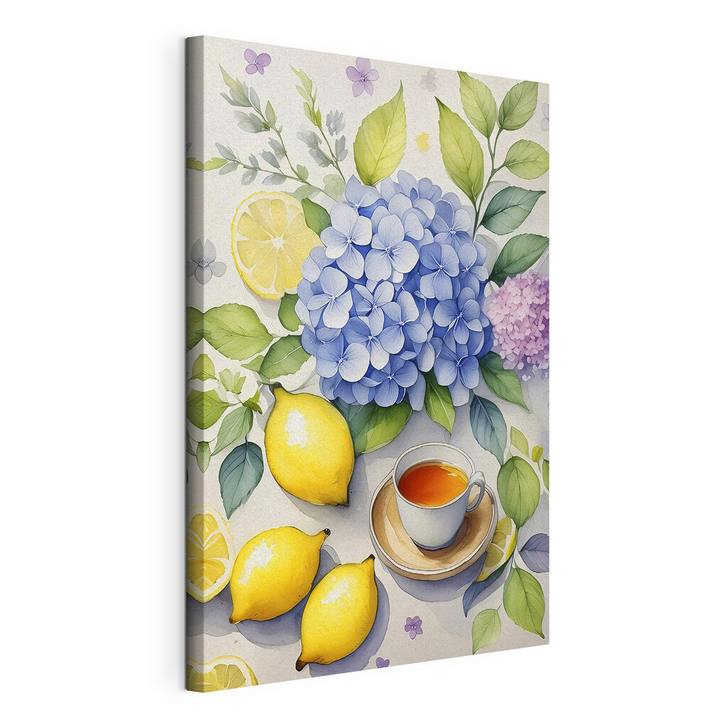 A painting of a cup of tea and lemons