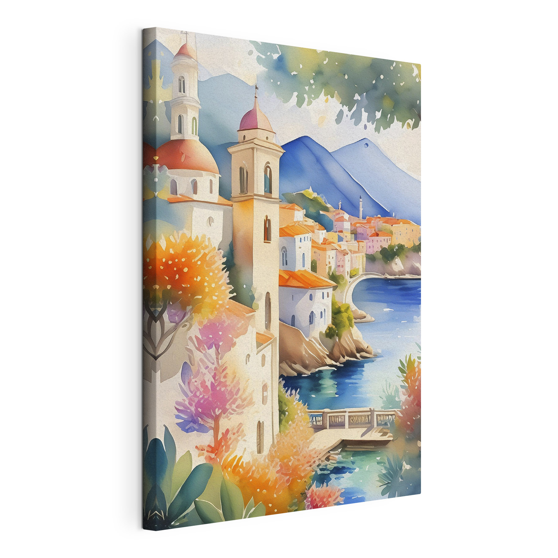 Watercolor painting of a town by a body of water Watercolor painting of a town by a body of water