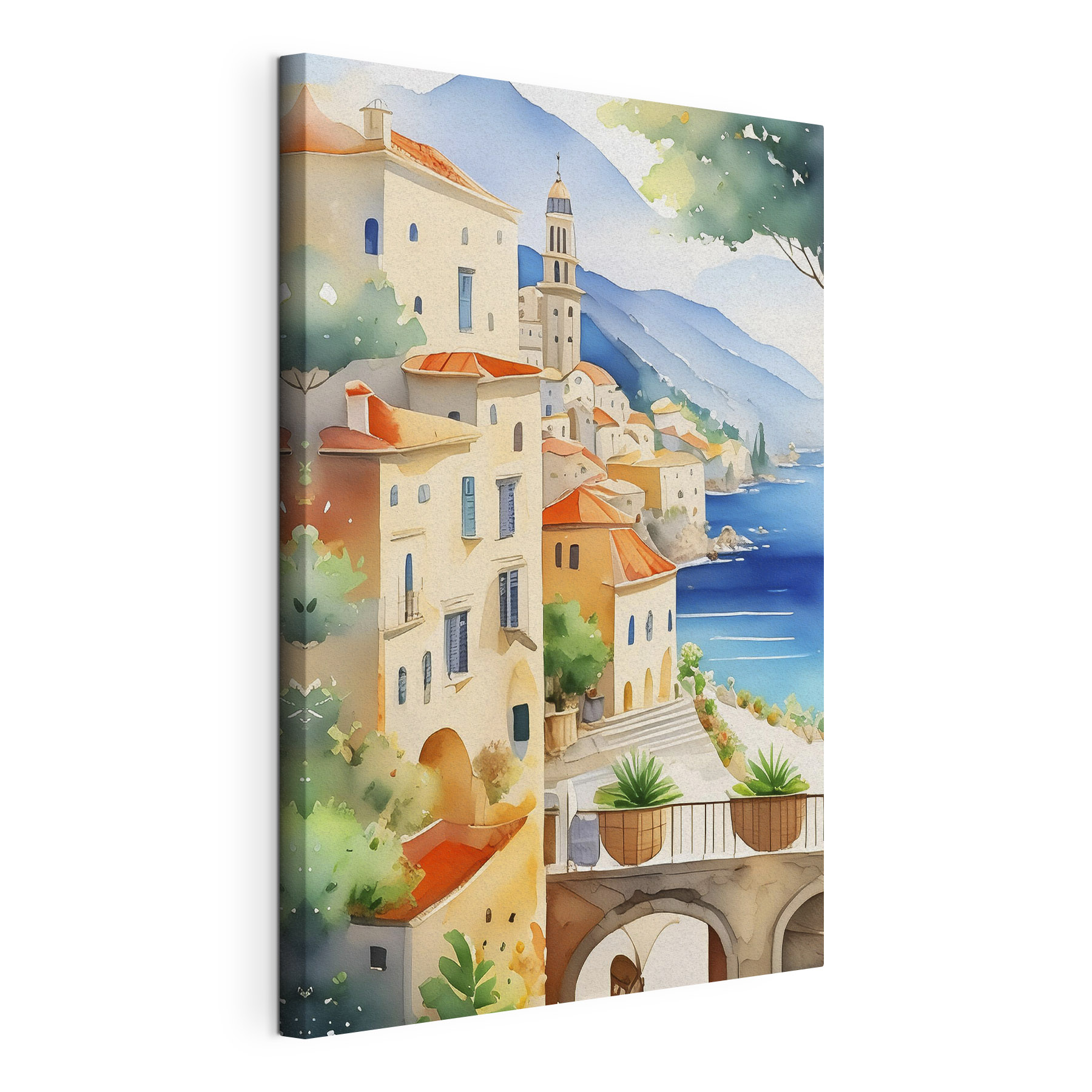 Watercolor painting of a town on a hill by the sea