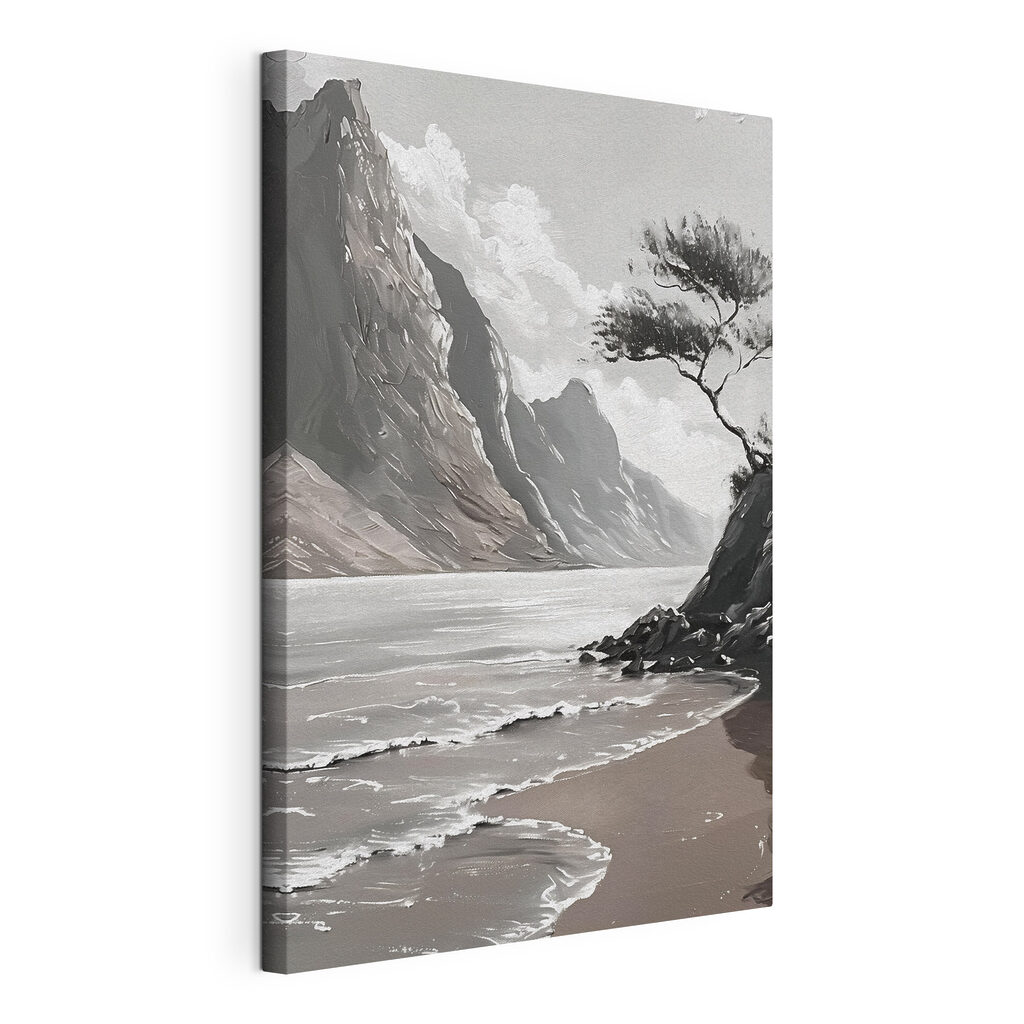 A beach with a tree and a body of water A beach with a tree and a body of water