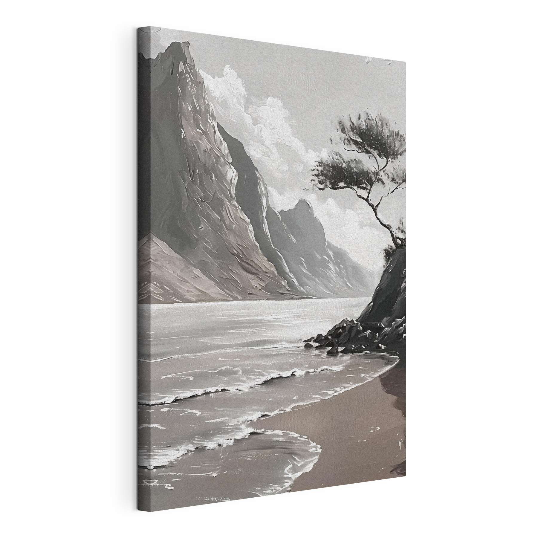 A beach with a tree and a body of water A beach with a tree and a body of water