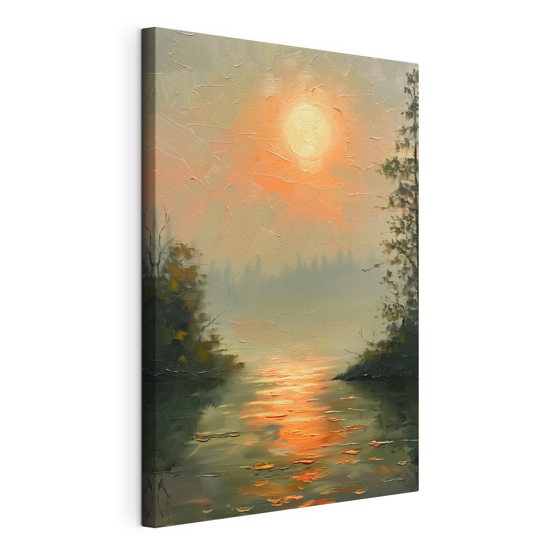 A painting of a sunset over a lake