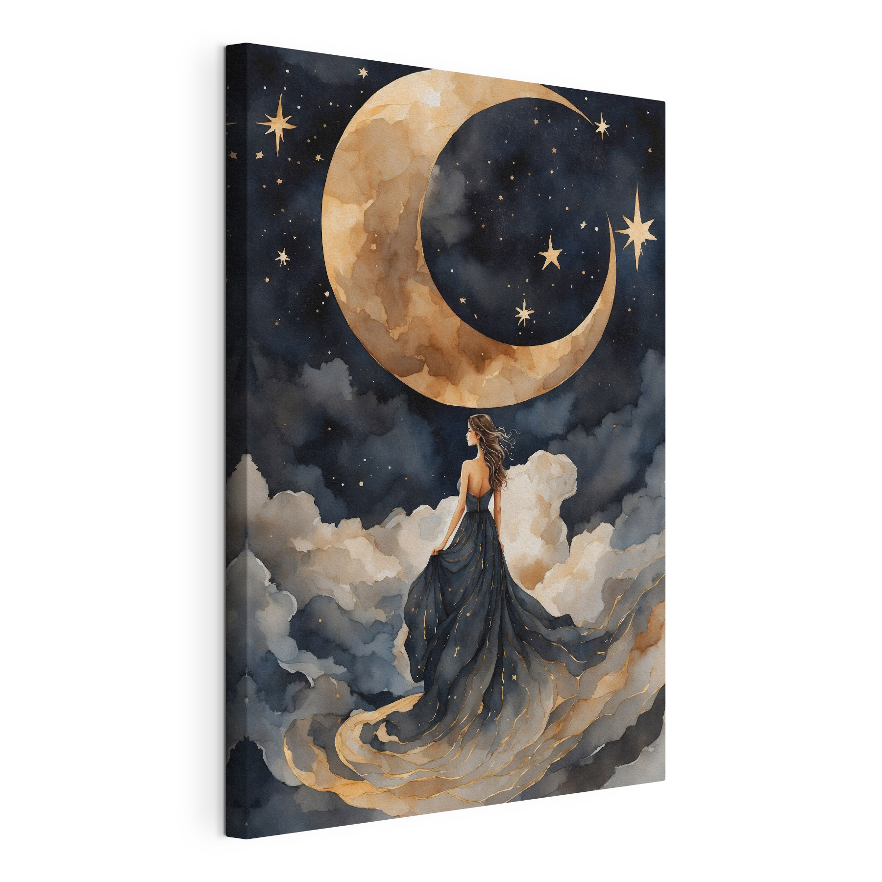 A woman in a blue dress and a moon in the sky A woman in a blue dress and a moon in the sky
