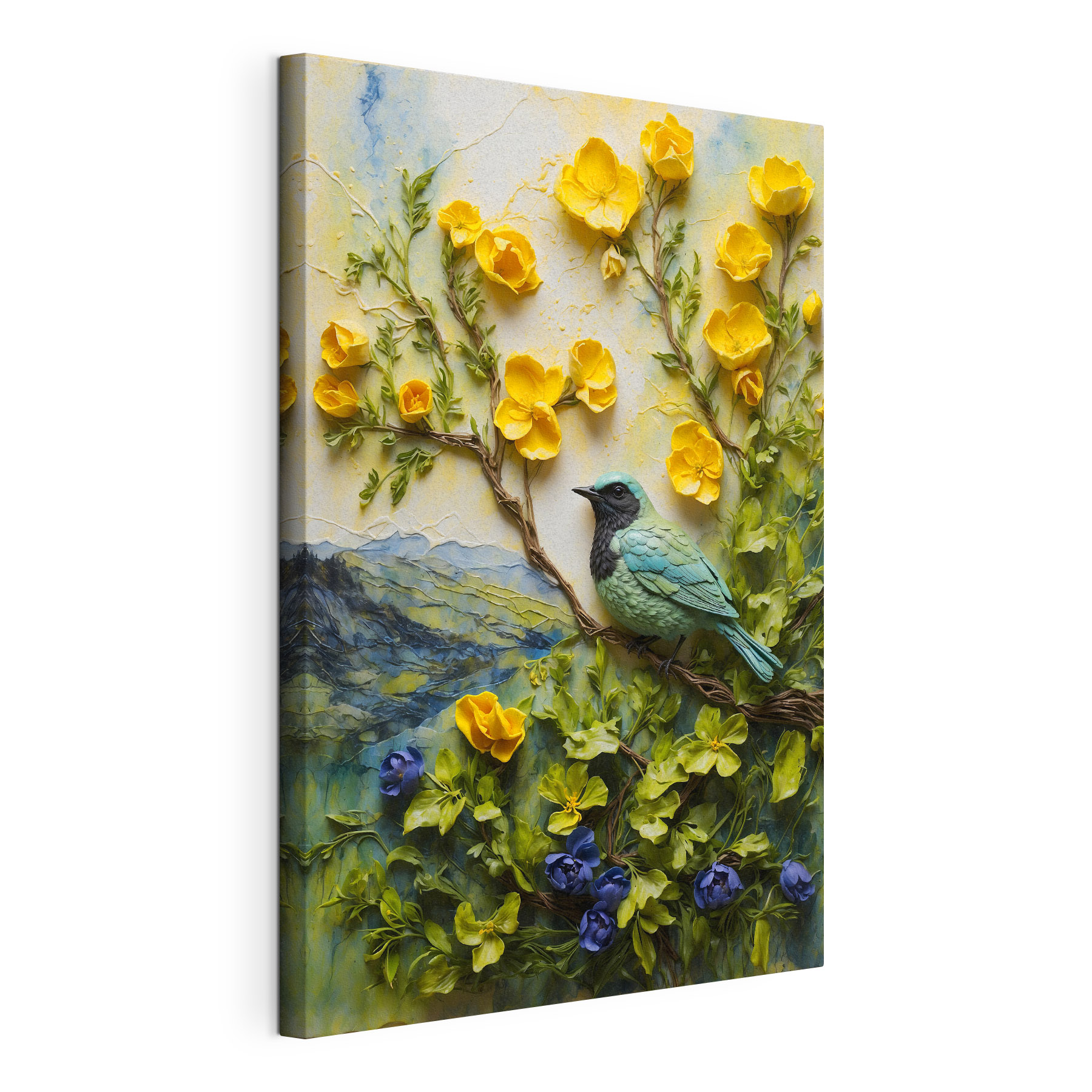 A bird on a tree branch surrounded by flowers A bird on a tree branch surrounded by flowers