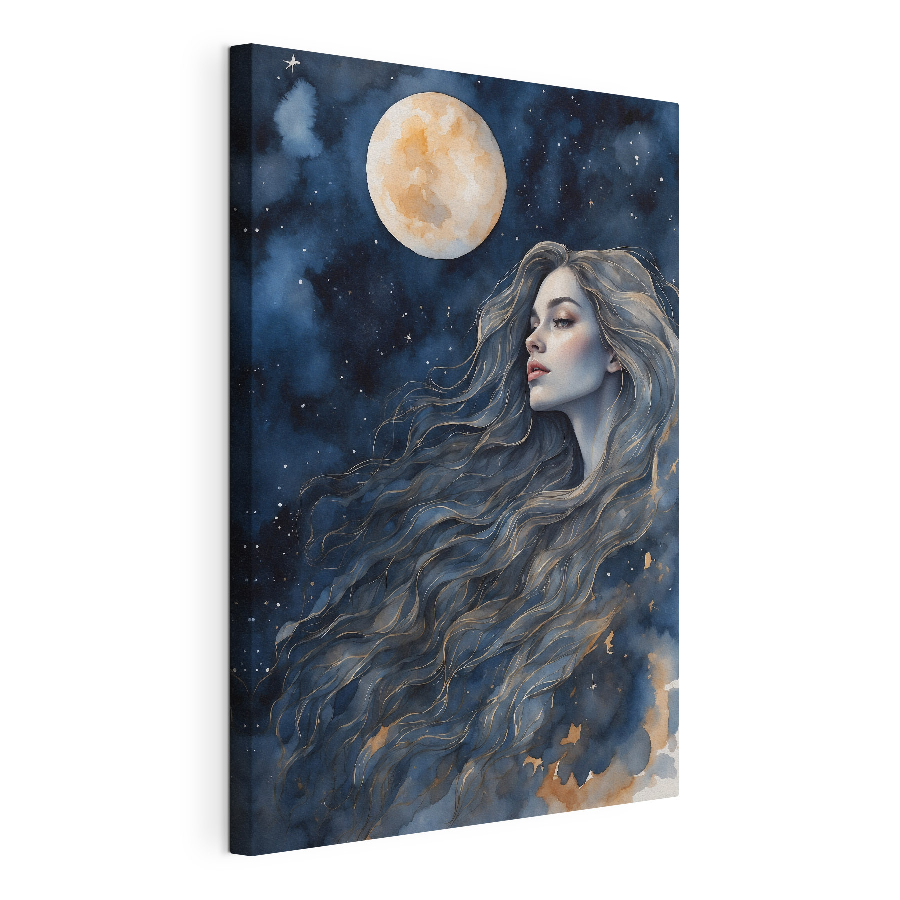 A woman with long hair and a moon