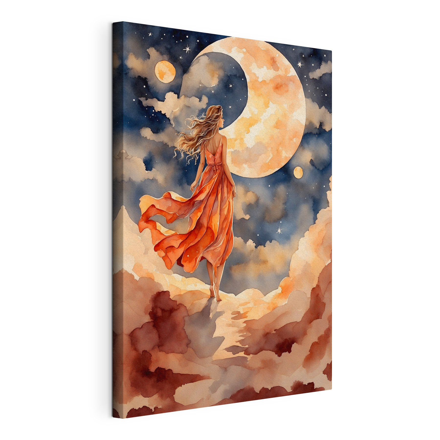 A woman in a dress walking on a cloud A woman in a dress walking on a cloud