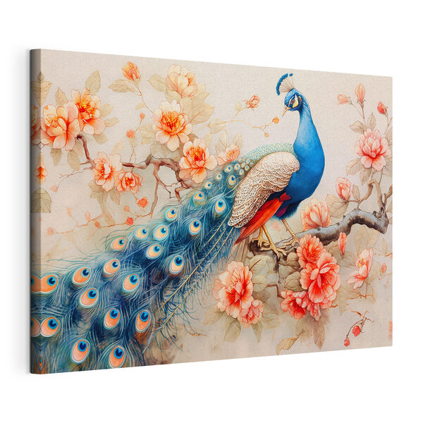 Cuadros Un cuadro que representa un pavo real posado en una rama con flores (SKU: s38451) Cuadros Cuadros Un cuadro que representa un pavo real posado en una rama con flores (SKU: s38451)