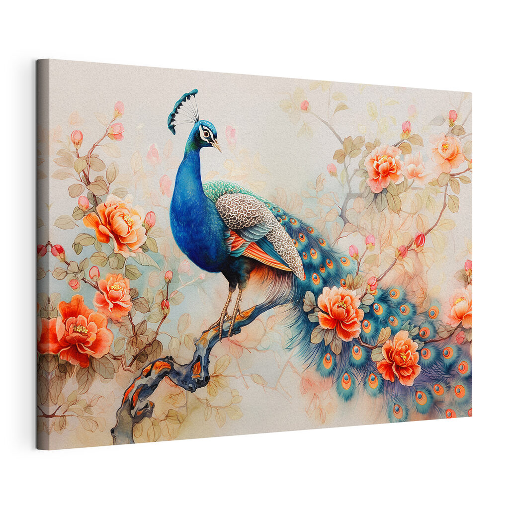 A painting of a peacock on a branch with flowers A painting of a peacock on a branch with flowers