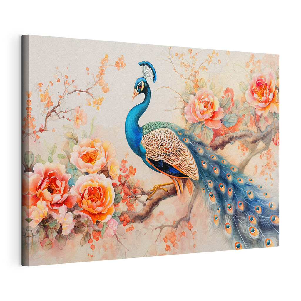 A painting of a peacock on a branch with flowers