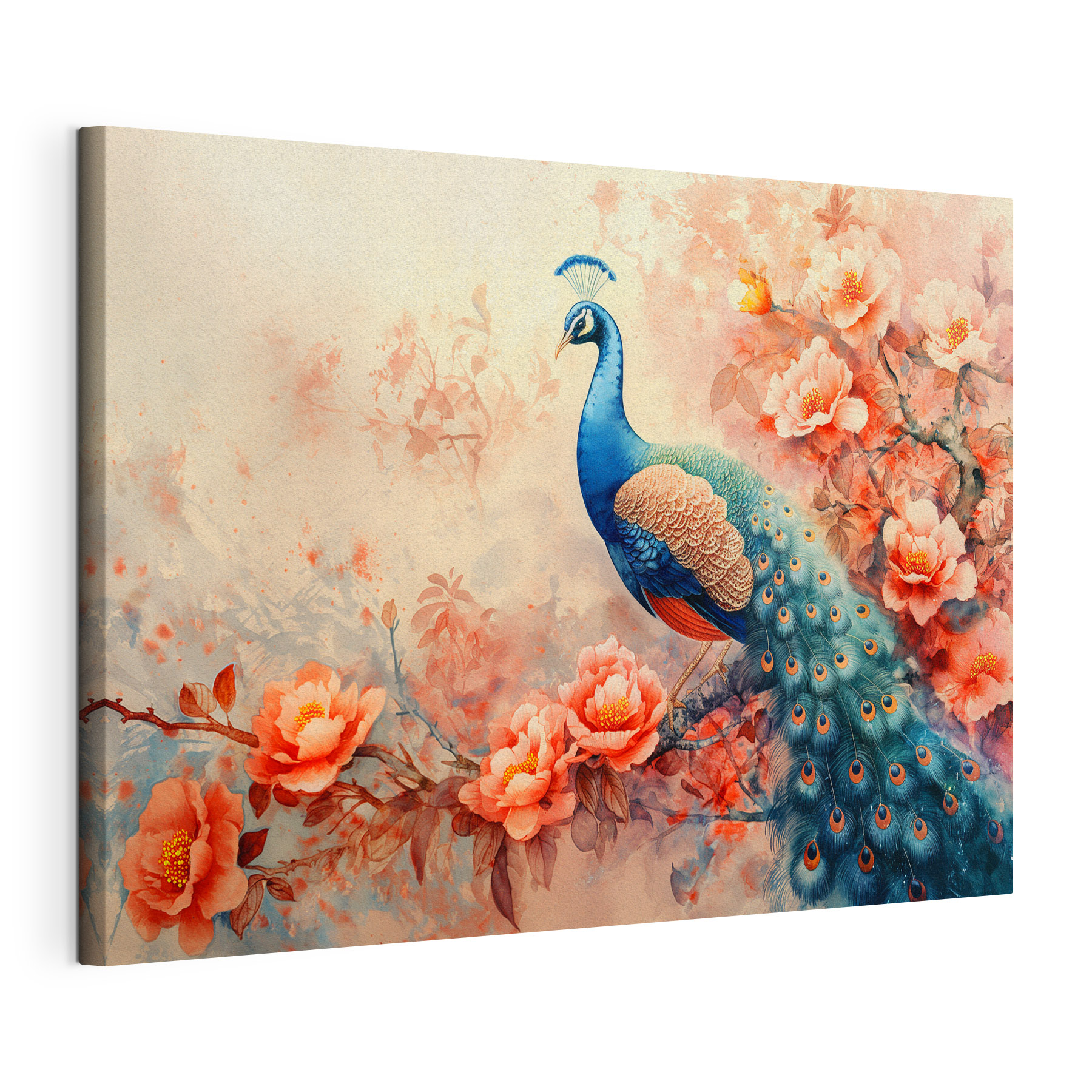 A painting of a peacock on a branch with flowers A painting of a peacock on a branch with flowers