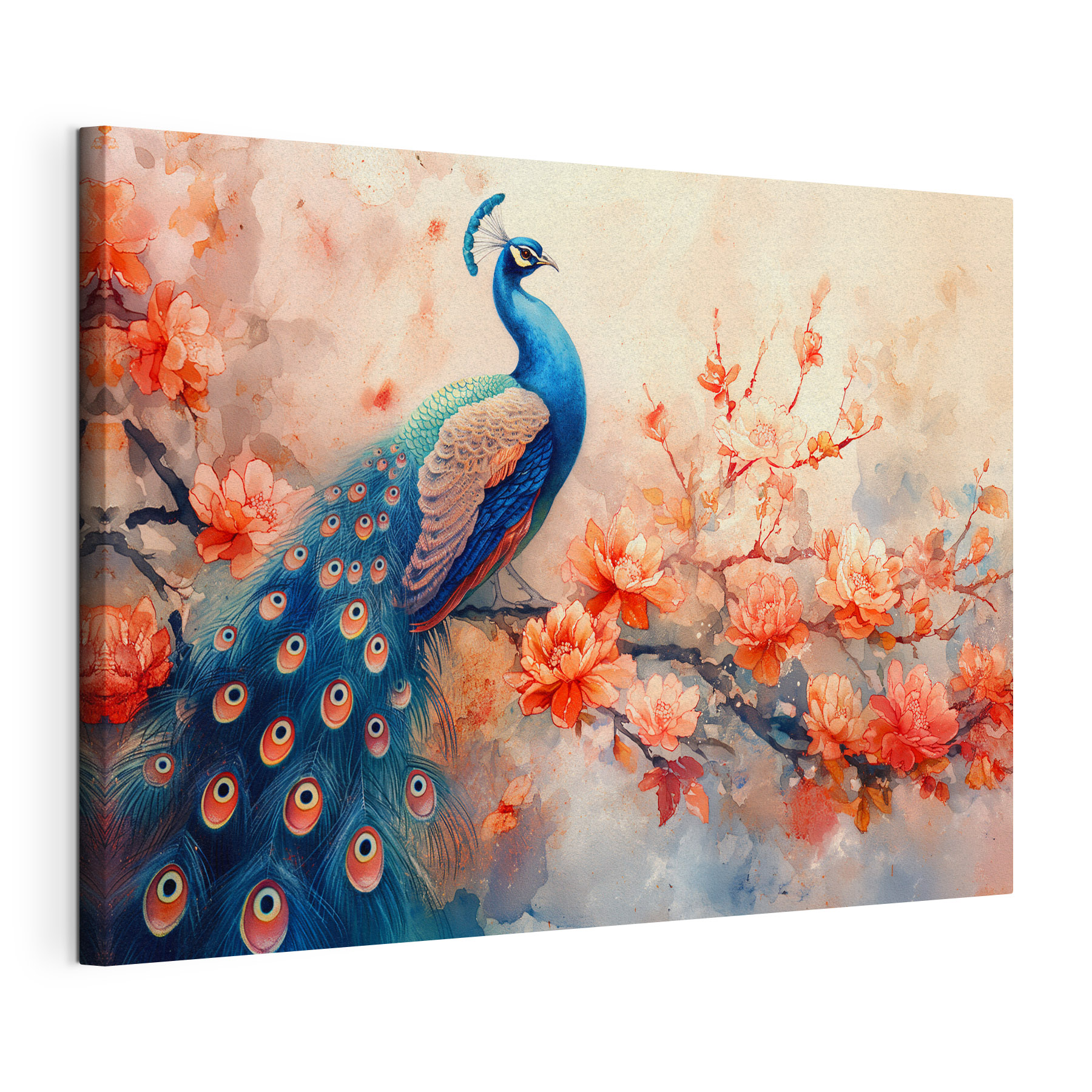 A painting of a peacock on a branch with flowers A painting of a peacock on a branch with flowers