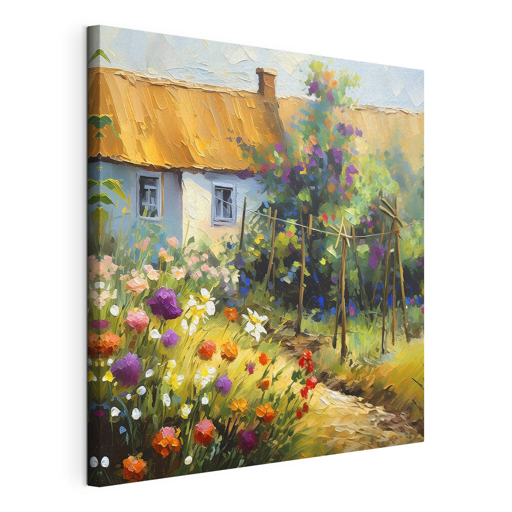A painting of a house and flowers