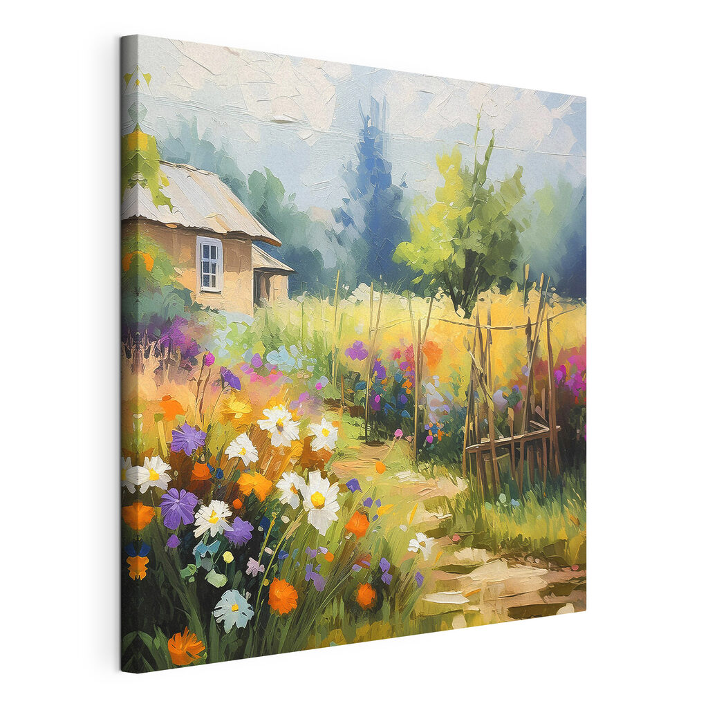 A painting of a house and flowers A painting of a house and flowers