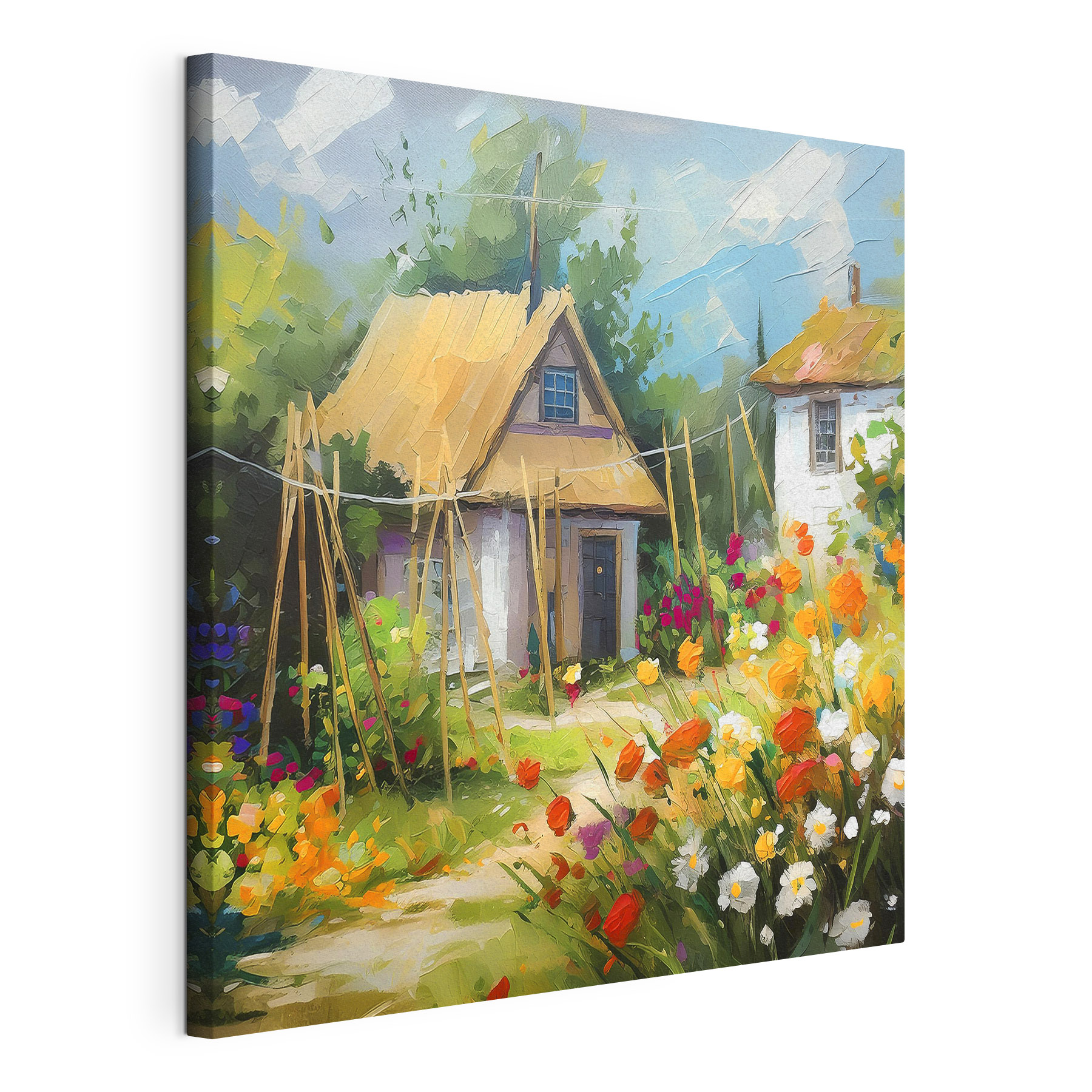 A painting of a house with flowers
