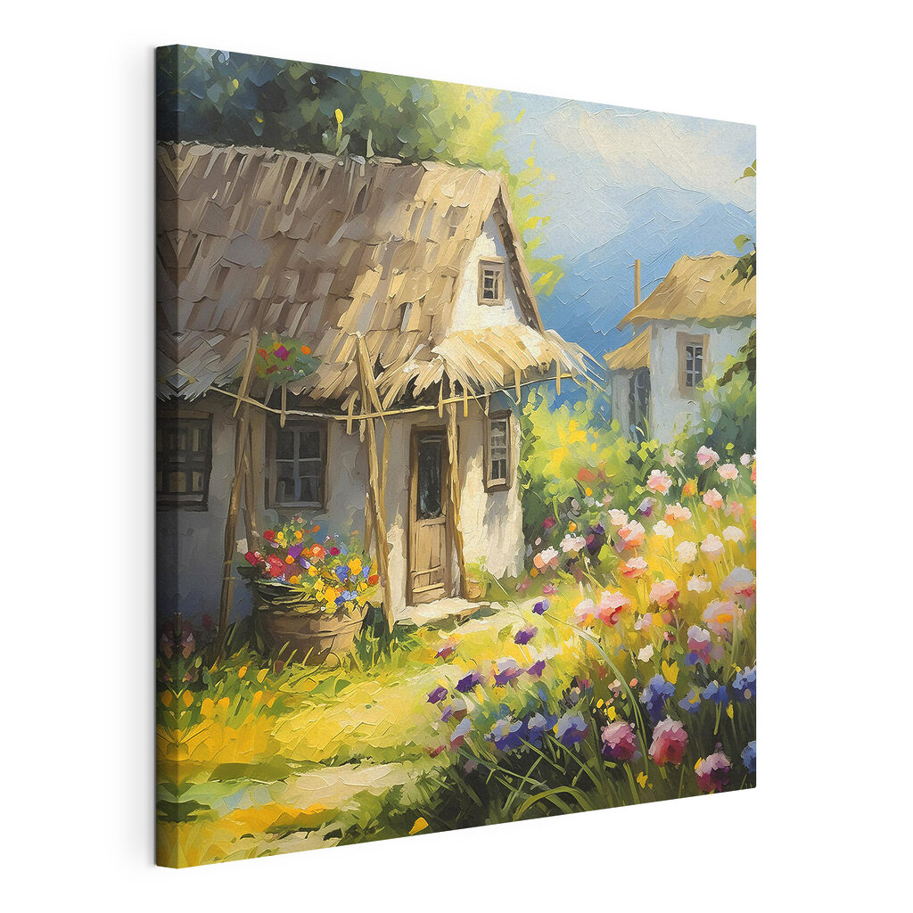 A painting of a house with flowers A painting of a house with flowers