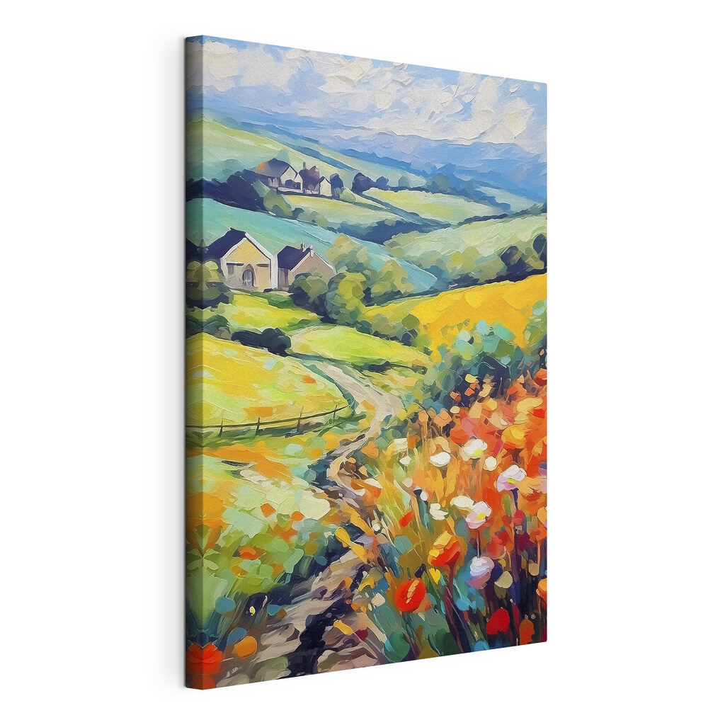 A painting of a landscape with houses and fields