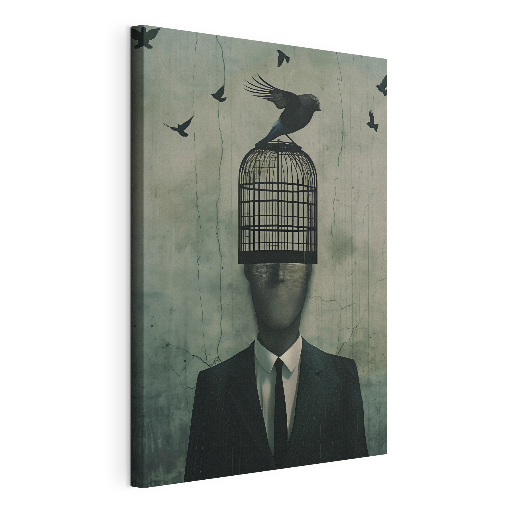 A bird on a cage over a man's head A bird on a cage over a man's head