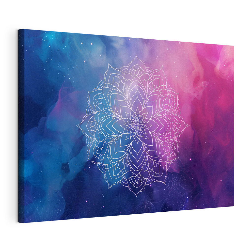 A white line drawing of a flower on a colorful background