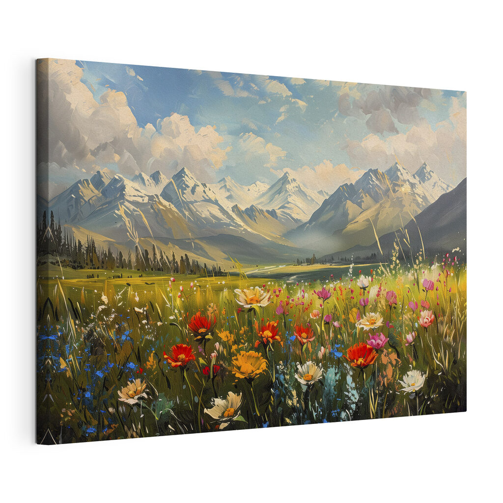 Field of flowers with mountains in the background Field of flowers with mountains in the background