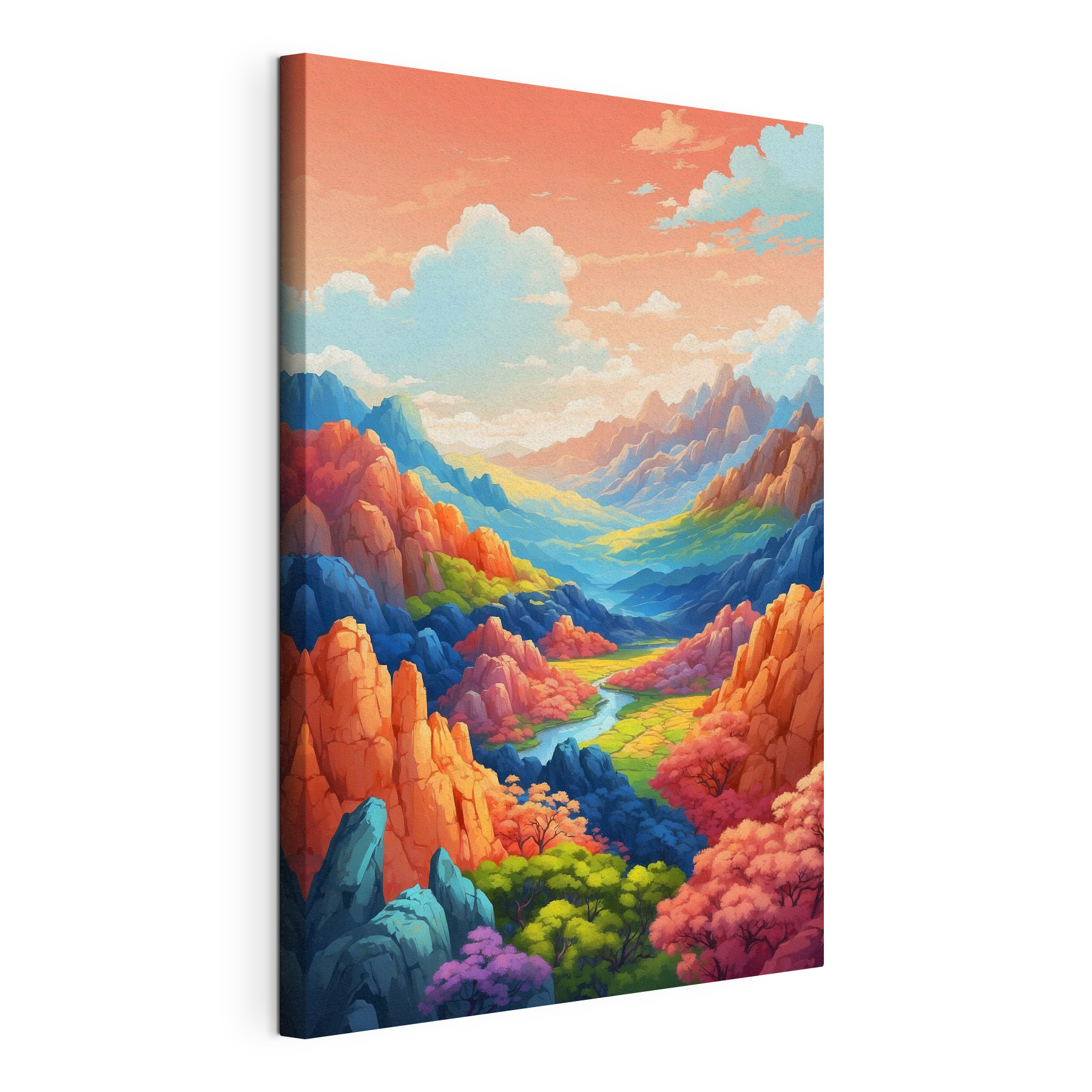 A landscape of mountains and a river