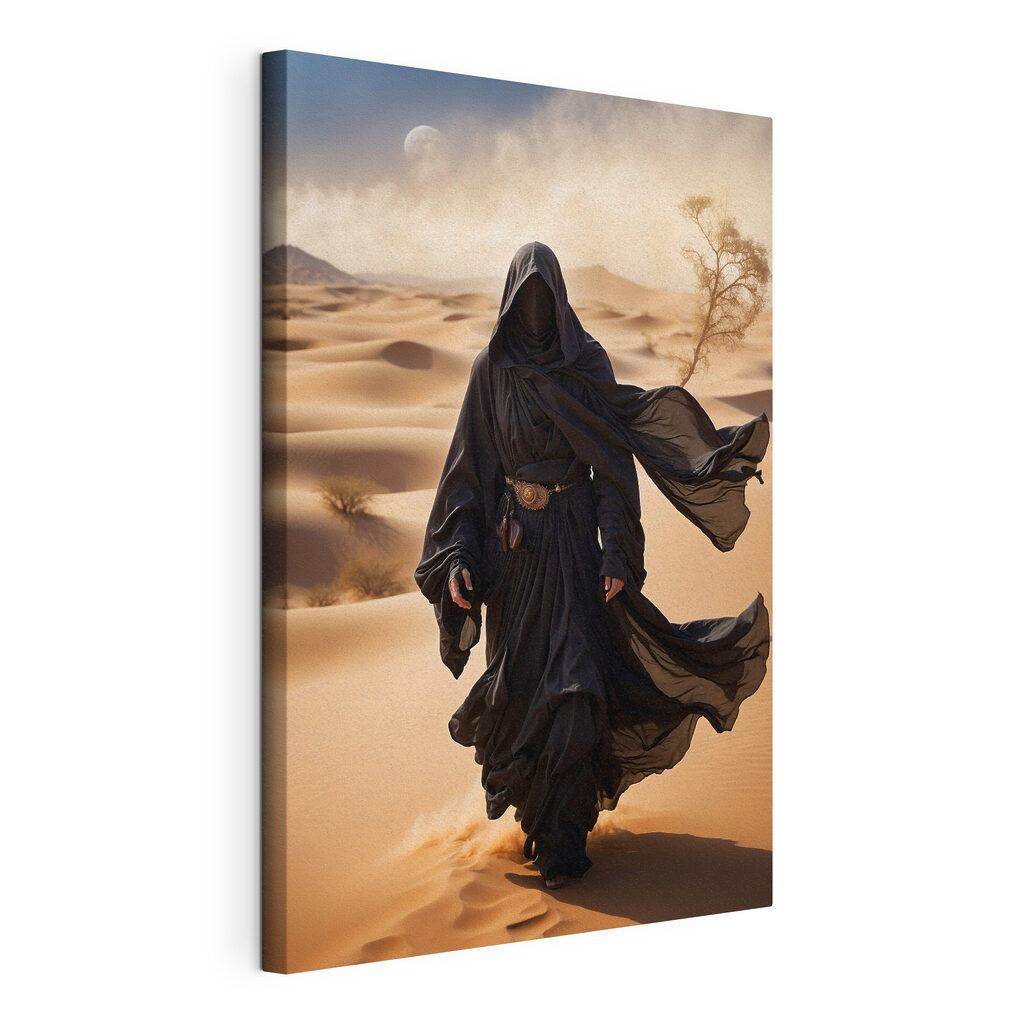 Person in a black robe walking in a desert Person in a black robe walking in a desert