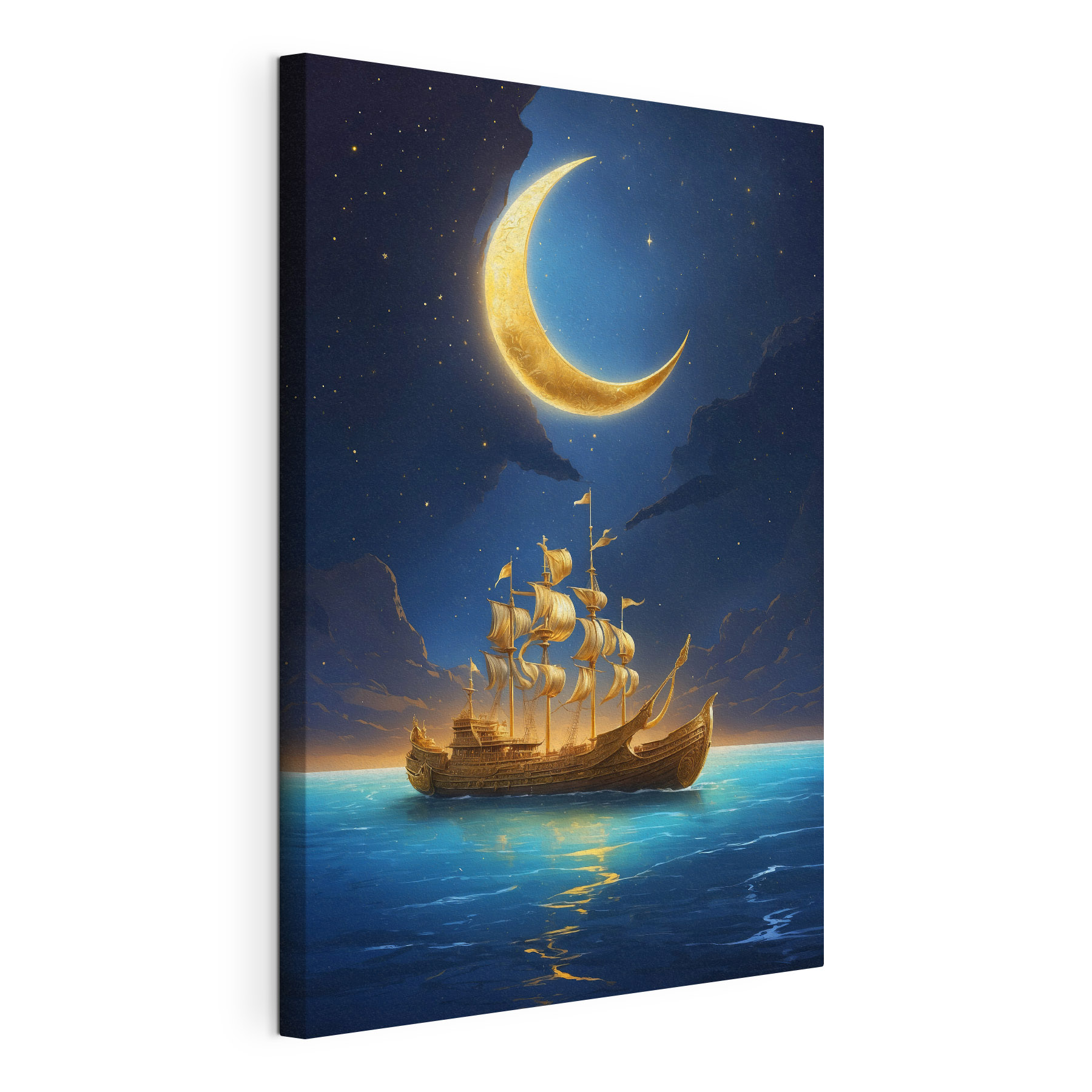 A ship in the water with a moon in the background A ship in the water with a moon in the background