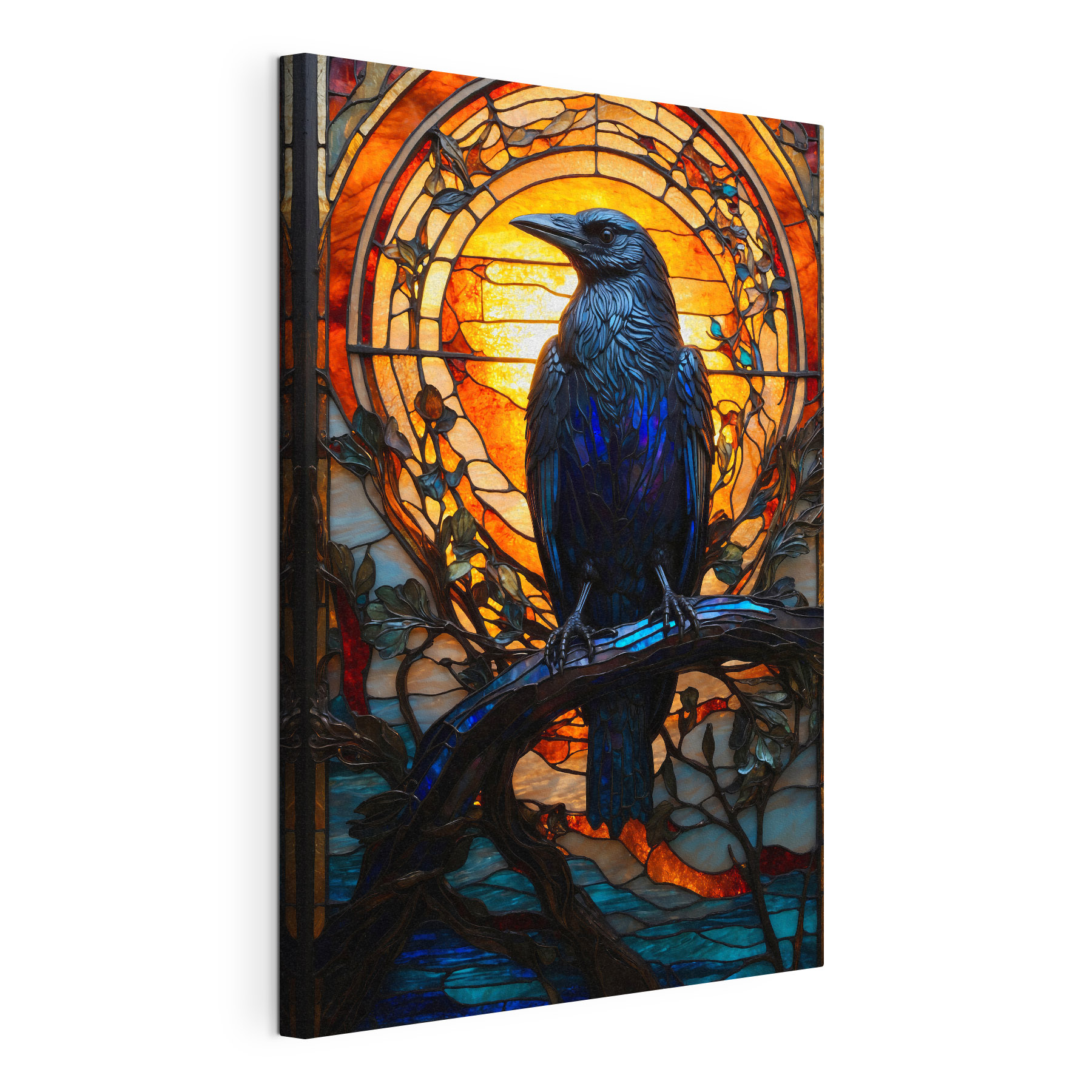 A stained glass window with a bird on a branch A stained glass window with a bird on a branch