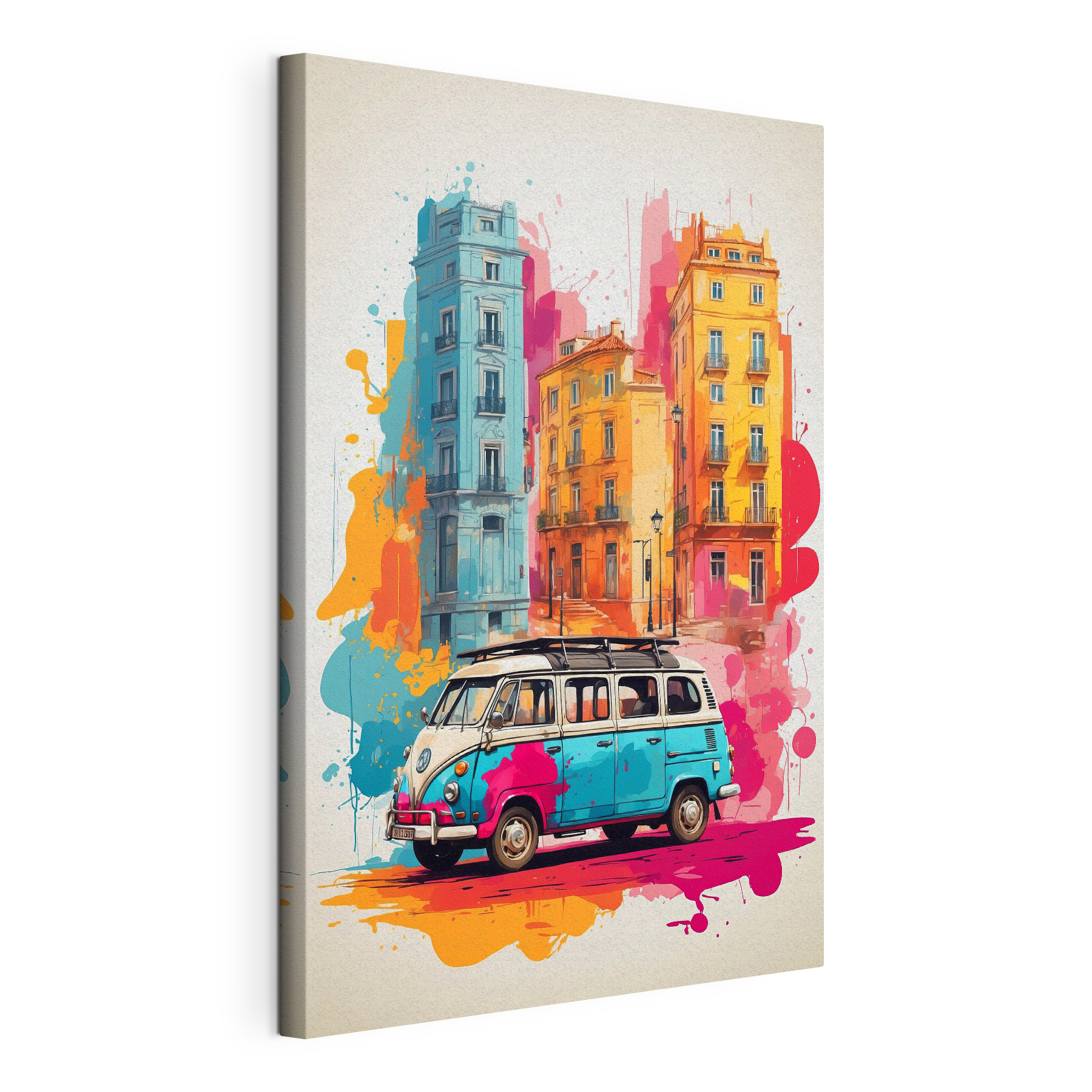 Van with a roof on the top and a colorful building Van with a roof on the top and a colorful building