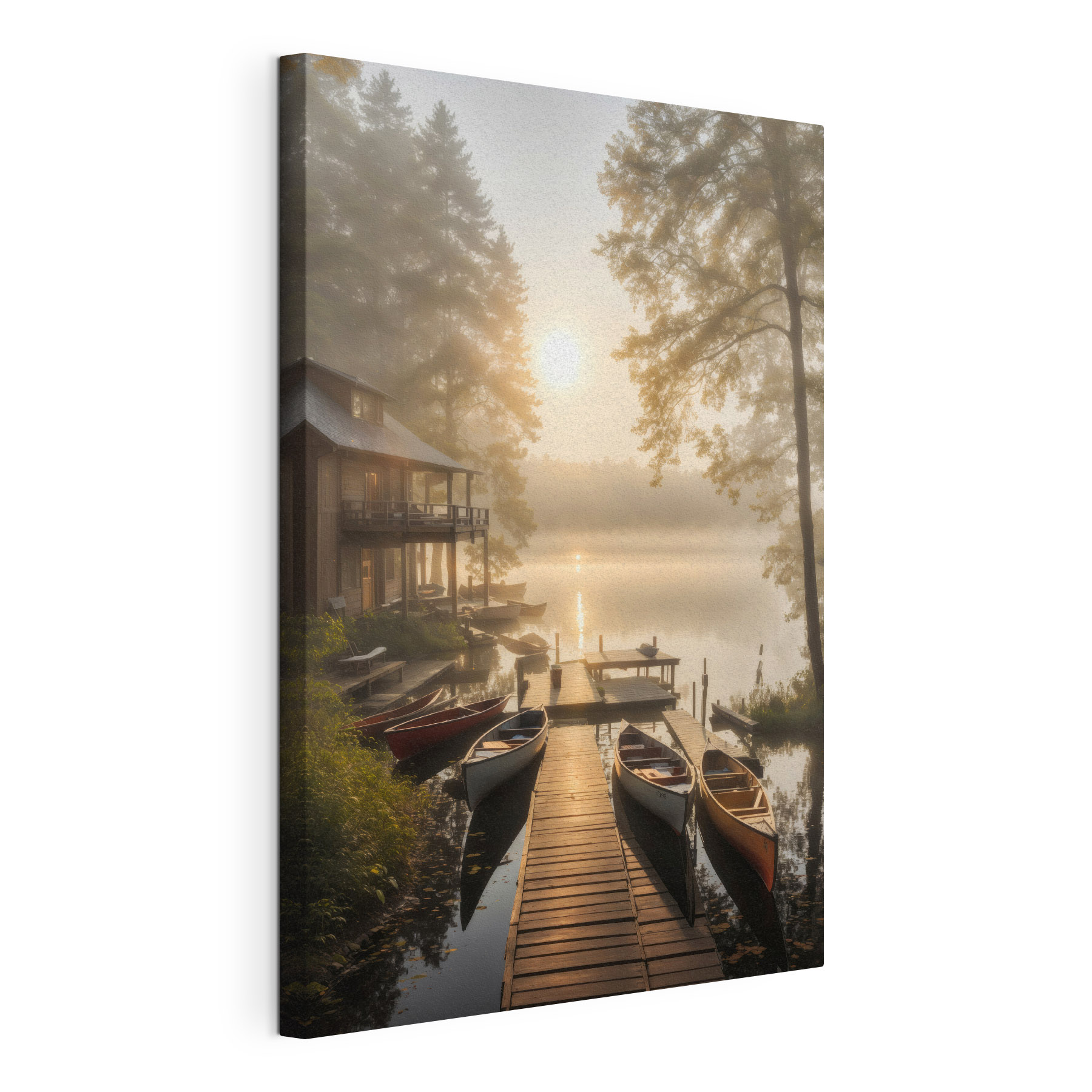 A dock with boats and a house on the water