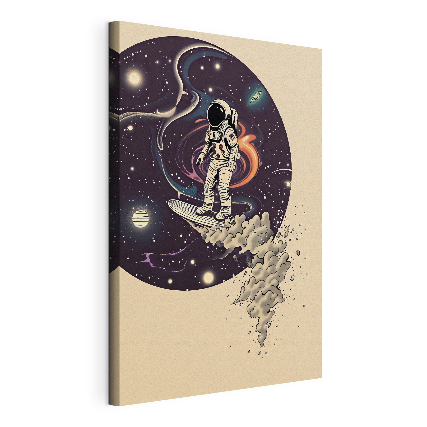 An astronaut on a surfboard in space