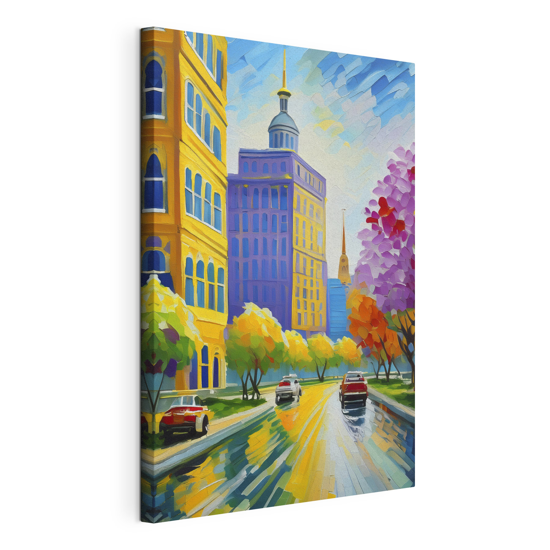 A painting of a city street with cars and trees